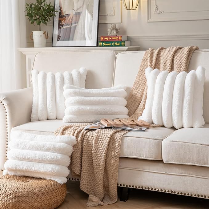 Faux Fur Plush Throw Pillow Covers 16x16 Inch Set of 2 - Luxury Decorative Fuzzy Striped Soft Cozy Pillowcase for Couch, Sofa, Living Room - Cream White