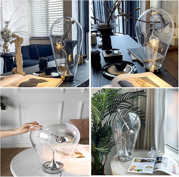 Bofea-Modern Glass Table Lamp,Desk Lamp for Home Office,Globe Nightstand Lamps with Clear Glass Shade,Touch Control Reading Light Creative Swing Arm Lamp for Living Room Study Room Decorative