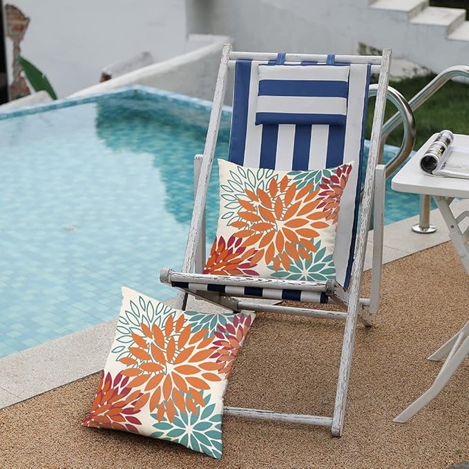 DFXSZ Orange Teal Red Flower Pillow Covers 16x16 Inch Set of 2 Fall Throw Pillows Outdoor Waterproof Decor for Living Room Sofa Patio Funiture Garden Floral Polyester Pillow Covers 002Y16