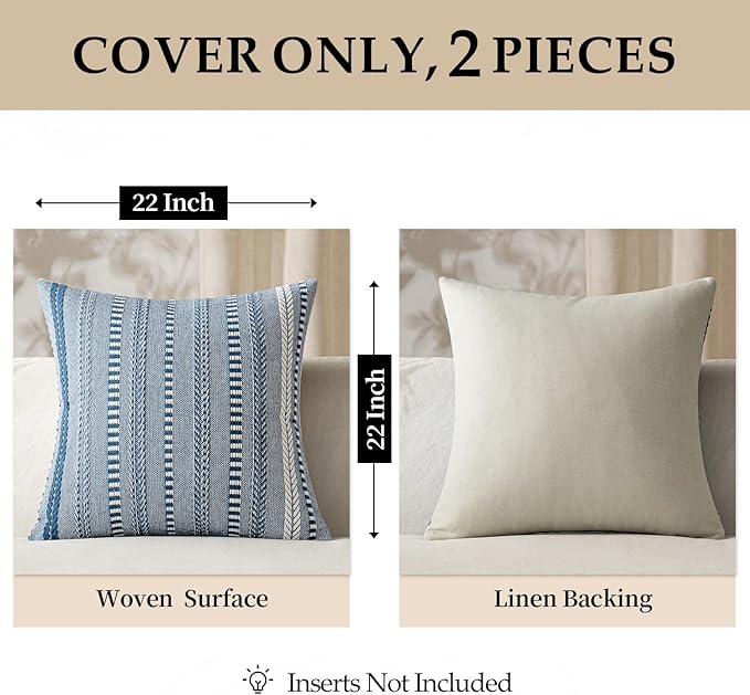 ANRODUO Pack of 2 Boho Throw Pillow Covers 22x22 Inch Farmhouse Decorative Couch Pillow Cases Jacquard Cushion Cover Neutral Accent Pillows of Bed Sofa Bedroom Living Room Home Decor, Navy Blue