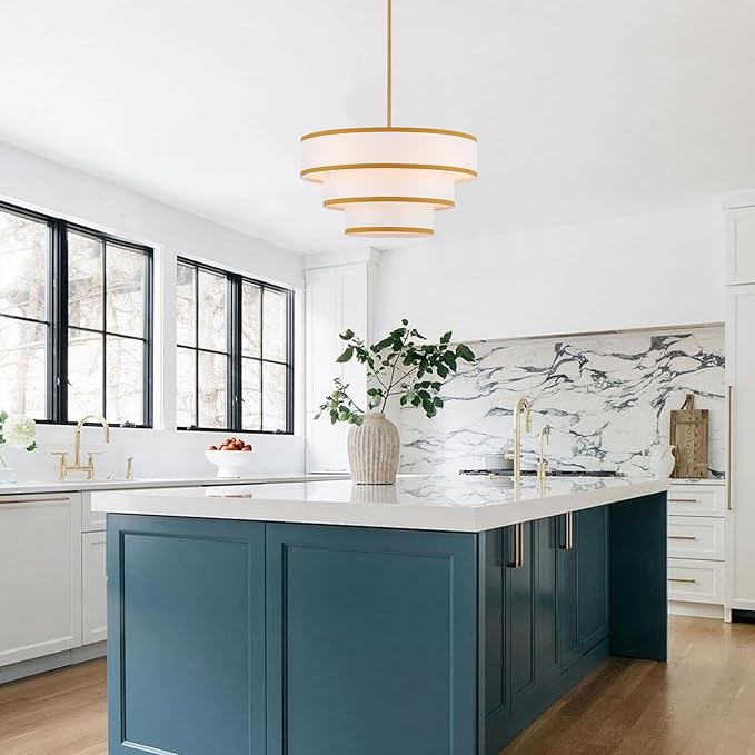 19.7" Gold Drum Chandelier with White Fabric Lampshade 3-Tier Modern Farmhouse Chandelier Light Fixture for Dining Room, Kitchen Island, Foyer, Entryway Bedroom