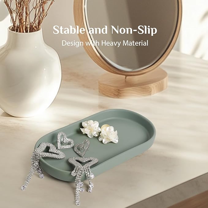 Ceramic Jewelry Tray – Oval Vanity Dish for Rings, Earrings, Bracelets – Minimalist Decorative Trinket Holder for Dresser, Bathroom, Nightstand – Matte Green