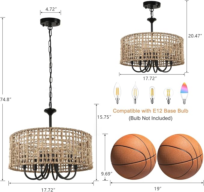 LynPon 17.7" Black Rattan Boho Chandeliers Light Fixtures, 6-Light Farmhouse Hand-Woven Pendant Light with Wicker Shade, Vintage Coastal Hanging Light for Dining Room Living Room Kitchen Hallway