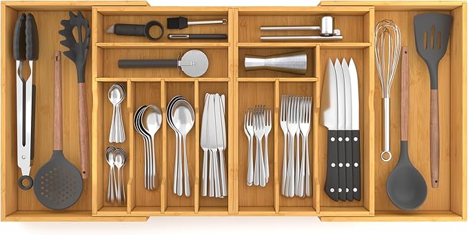 Suli Large Silverware Drawer Organizer，Adjustable Kitchen Flatware for Forks Knives and Spoons， Bamboo Cutlery Utensil Holder,Expandable from 12in-37in，Natural Bamboo