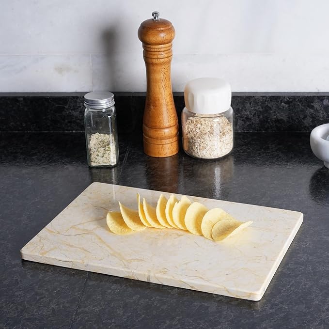 Natural Marble Cutting Boards for Kitchen - 12" x 8" Multi-Purpose Pastry Marble Tray Cheese Board Marble Slab for Counter, Bathroom Perfume Tray Jewelry Candle Plate (Yellow)
