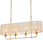 42” Boho Chandelier Brass and White Hand Woven Rattan Pendant Light Linear Large Island Light for Dining Room Kitchen Island Living Room, UL Listed