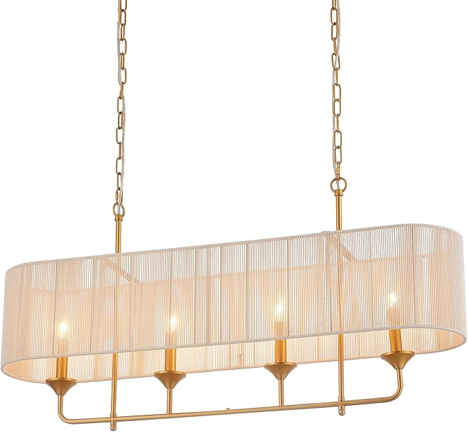42” Boho Chandelier Brass and White Hand Woven Rattan Pendant Light Linear Large Island Light for Dining Room Kitchen Island Living Room, UL Listed
