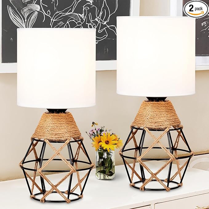 Hamilyeah Table Lamps Set of 2, Woven Nightstand Lamps With On/Off Switch, Farmhouse Bedside With White Fabric Shade, Modern Simple for Bedroom, Living Room L6.2*W6.2*H13.1inch