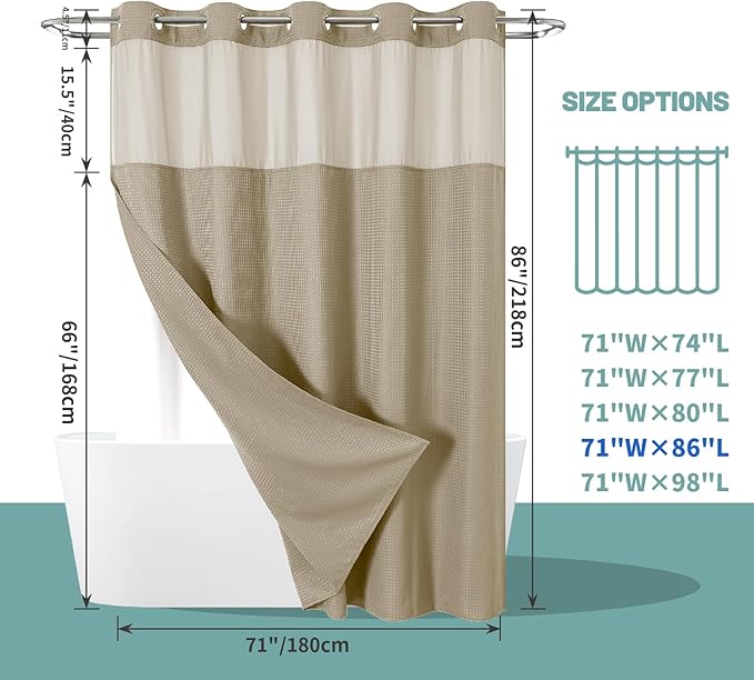 Khaki No Hook Waffle Weave Shower Curtain with snap-in Liner Replacement, 230GSM Waterproof Fabric Hotel Shower Curtain Set for Bathroom, Through Mesh Top Window,71Wx86H