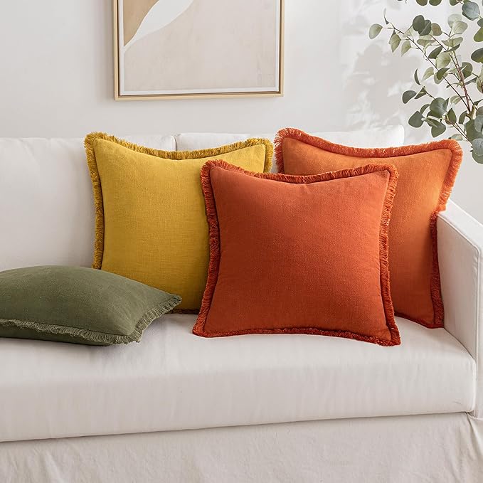 MIULEE Fall Decorative Throw Pillow Covers Neutral Linen Fringe Throw Pillows Set of 2 Burnt Orange Boho Farmhouse Cushion Covers with Tassels for Couch Sofa Bed Living Room Home Decor 26x26 Inch