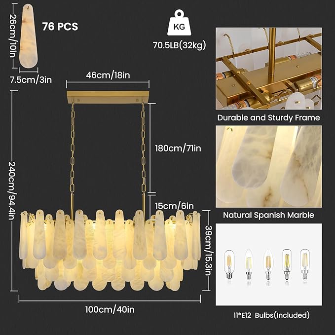 Alabaster Rectangle Chandelier, 40'' 76 PCS Natural Spanish Marble Linear Chandelier for High Ceiling, 4-Tiers Modern Luxury Large Brass Chandeliers for Dining Room, Kitchen Island (Bulbs Included)