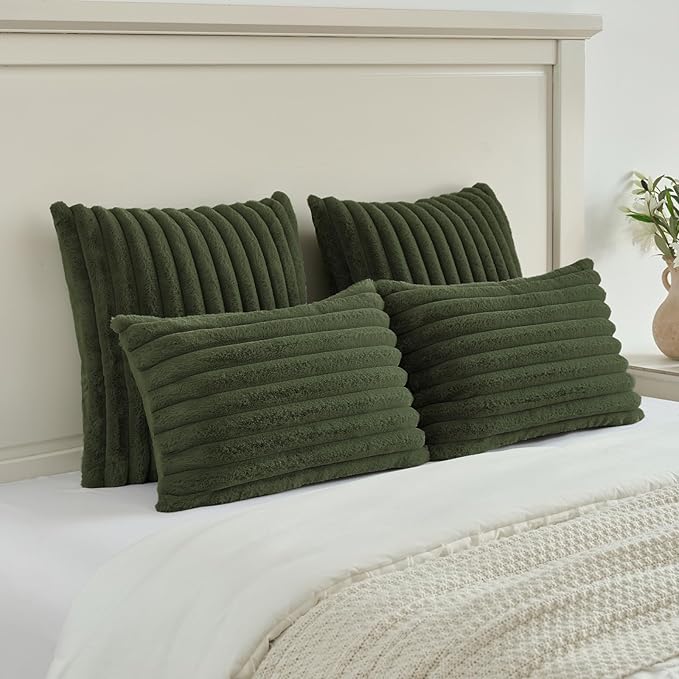 FUTEI Olive Green Striped Decorative Throw Pillow Covers 24x24 Inch Set of 2,Square Winter Decorations Couch Pillow Case,Soft Cozy Faux Rabbit Fur & Velvet Back,Modern Home Decor for Bed