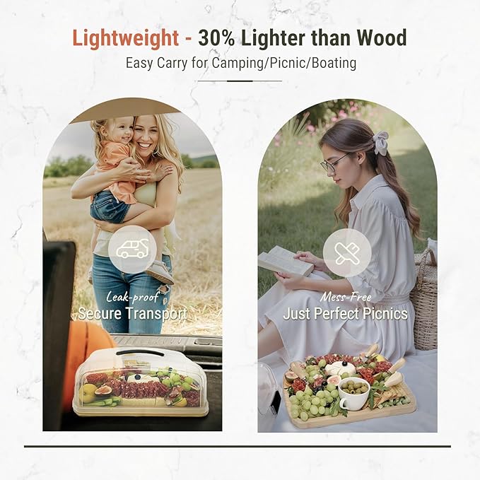 Portable Charcuterie Board with Lid - Extra Large to Go & Traveling Covered Tray for Picnic, Camping, Leak-Proof Bamboo Cheese Board with Compartments & Cheese Knives, Flip to Cut, Gift for Women