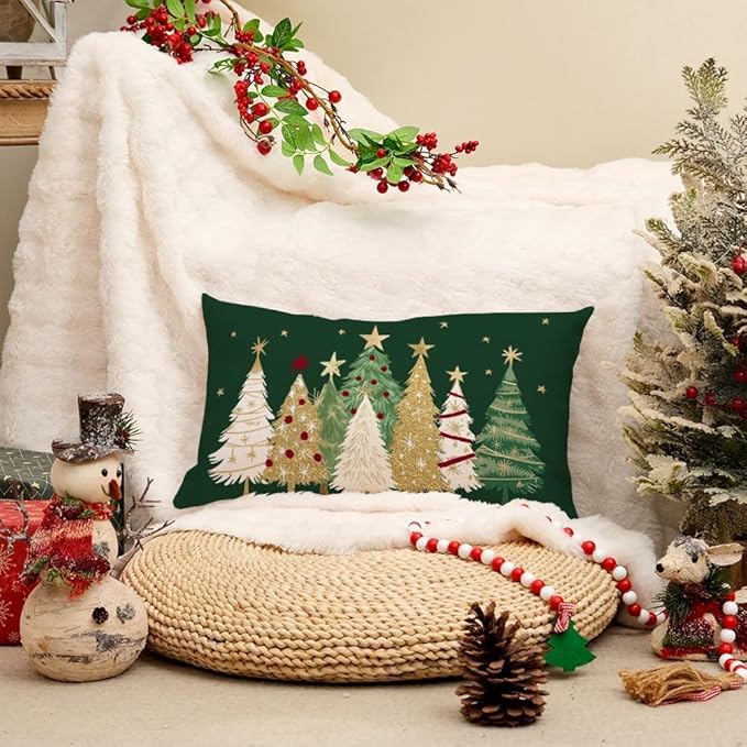 AACORS Christmas Pillow Cover 12X20 Inch Watercolor Christmas Tree Stars Decoration Holiday Farmhouse Winter Pillow Case for Sofa Couch Decor（Green） AA366-12