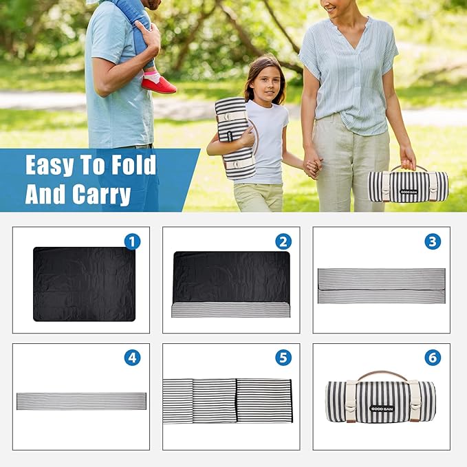 G GOOD GAIN Waterproof Picnic Blanket Portable with Carry Strap for Beach Mat or Family Outdoor Camping Party (Navy Blue)