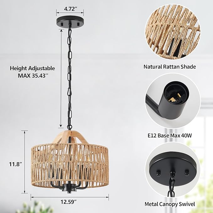 12.5” Rattan Pendant Light Fixtures, 4-Light Boho Chandelier with Woven Drum Shade, Farmhouse Dining Room Ceiling Hanging Lamp, Small Wicker Coastal Pendant Lighting for Kitchen Island Hallway