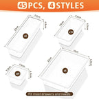 45 PCS Clear Plastic Drawer Organizers Set, 4-Size Versatile Bathroom and Vanity Drawer Organizer Trays, Storage Bins for Makeup, Bedroom, Kitchen Gadgets Utensils and Office