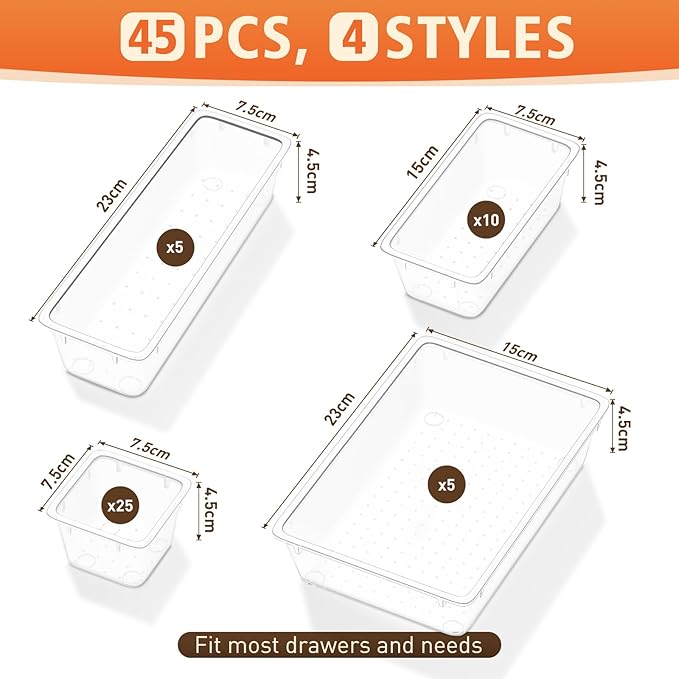 45 PCS Clear Plastic Drawer Organizers Set, 4-Size Versatile Bathroom and Vanity Drawer Organizer Trays, Storage Bins for Makeup, Bedroom, Kitchen Gadgets Utensils and Office