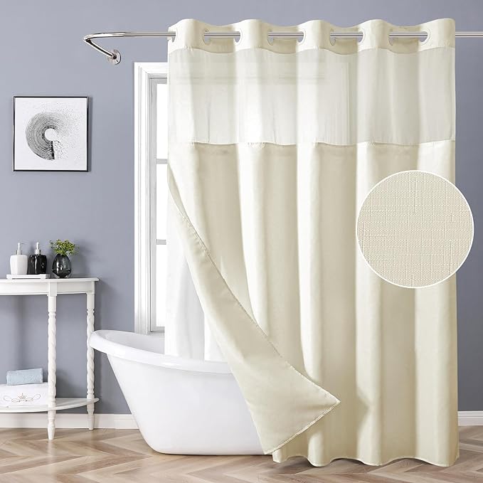 Cream No Hook Shower Curtain with Snap-in Fabric Liner Set,Slub Textured Fabric Shower Curtains for Bathroom,Hotel Style Modern Shower Curtain,Water Repellent & Washable,71x74(72)