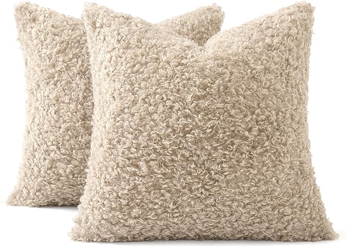 MIULEE Pack of 2 Faux Fur Throw Pillow Covers 18x18 Inch Neutral Oatmeal Boucle Decorative Sherpa Pillow Covers Fuzzy Accent Soft Sheepskin Fleece for Boho Home Decor Sofa Living Room Couch Bed