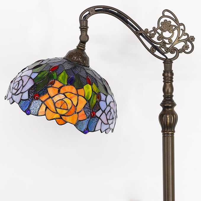 Tiffany Floor Lamp Stained Glass Orange Red Rose Flower Style Arched Reading Light Gooseneck Adjustable Corner Standing Lamp 12X16X66 Inch for Bedroom Living Room Home Office