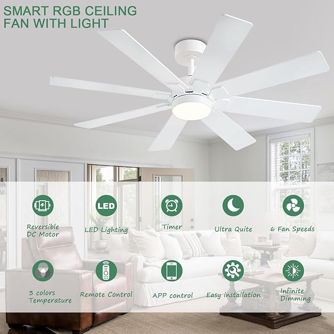 KNUN 48 Inch White Ceiling Fans with Lights and Remote/APP Control, Low Profile Ceiling Fan, 8 Blades，LED Dimmable, Reversible DC Motor, Noiseless Ceiling Fans for Bedroom Indoor/Outdoor Use
