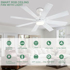 KNUN 48 Inch White Ceiling Fans with Lights and Remote/APP Control, Low Profile Ceiling Fan, 8 Blades，LED Dimmable, Reversible DC Motor, Noiseless Ceiling Fans for Bedroom Indoor/Outdoor Use