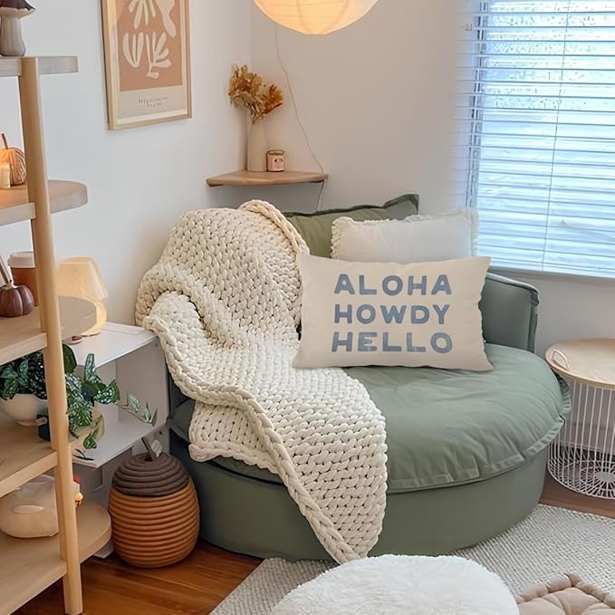 Blue Coastal Howdy Throw Pillow Cover 12x20, Dorm Decor, Granddaughter Preppy Coastal Decor, Trendy Retro Aloha Hello Coquette for Girls Room College Sofa Couch