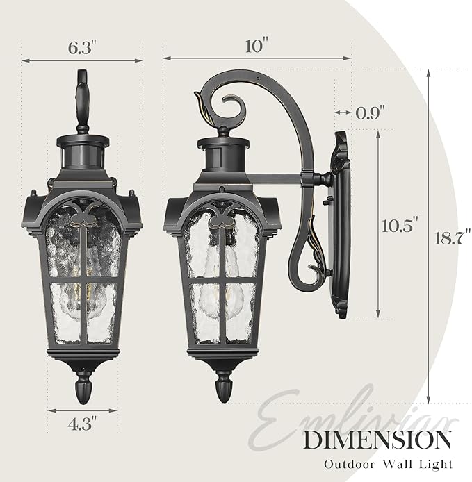 Emliviar Motion Sensor Outdoor Wall Light, Porch Wall Lamp with Water Glass, 18.7" Waterproof Exterior Sconce Wall Mount, Black Finish with Gold Edges, WE305B-SE BG-SW