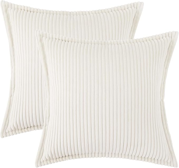 Mecatny Corduroy Throw Pillow Covers 26x26 Set of 2, Neutral Decorative Soft Boho Couch Pillow Covers with Broadside for Sofa Living Room, Cream White