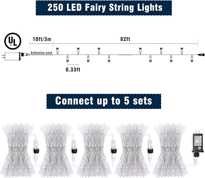 250 LED White Christmas Lights Outdoor, 82ft 8 Modes White Christmas String Lights Clear Wire, Plug in Twinkle Fairy Lights for Bedroom Wedding Tree Christmas Decorations