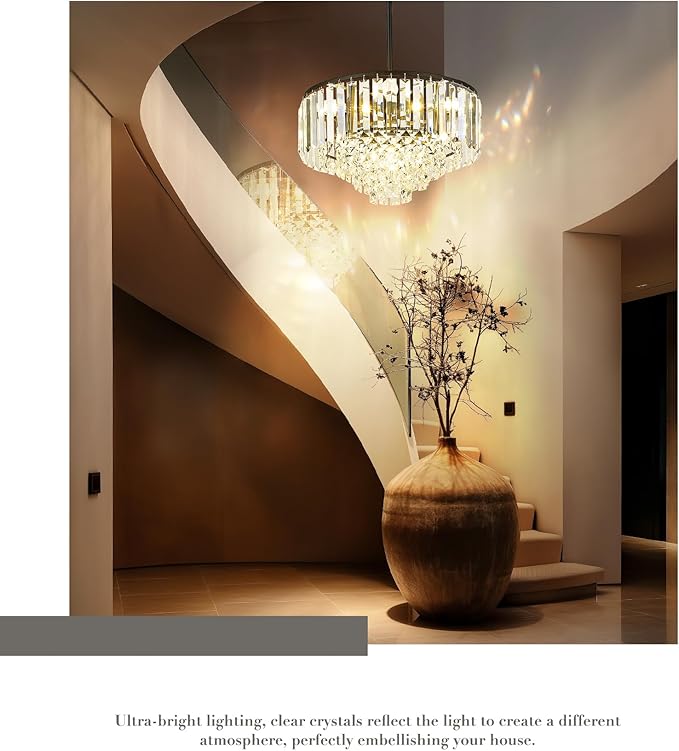 15'' Crystal Chandelier, 5-Tier Modern Chandelier with Matte Black Finish, Pendant Light for Dining Room Kitchen Island Bedroom Entryway, CC4215-5W-BK