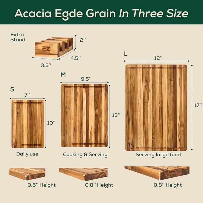 Non-Toxic Set 3 Acacia Cutting Board, Pre-Oiled Premium Wood Cutting Board with Juice Groove and Handles, Suitable for Chopping Meat, Vegetables, Included Gift Box, with Non Slip Feet