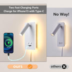 LED Wall Lamp Wall Mounted Reading Lights with 3 Brightness Dimmable, Adjustable Headboard Plug in Wall Sconce with USB C+A Ports, Bed Side Lamp with 9W+3W Night Light 3000K