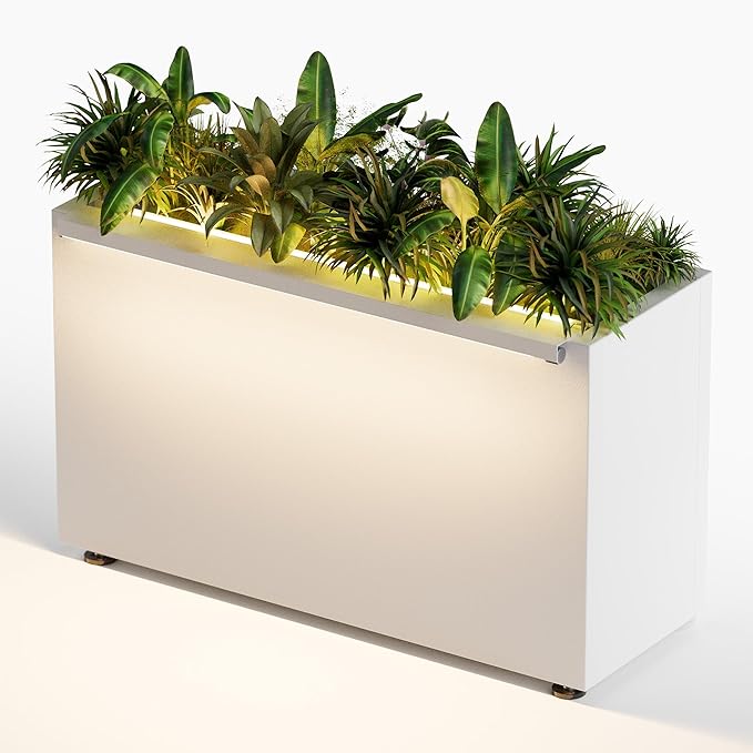 GSK 30" L White LED Metal Planter Flower Box Outdoor Illuminate Magnetic 3000K LED Light Strips Glow Vibe Modern Rectangle Raised Trough Drainage Holes Indoor Patio Balcony or Garden Decor