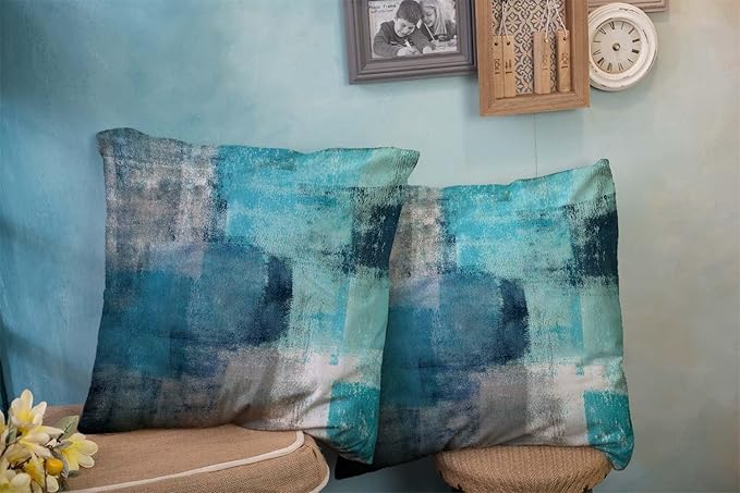 CAPSCEOLL Turquoise and Grey Art Artwork Throw Pillow Covers,Decorative Throw Pillow Covers 16 X 16 Inches Set of 2 Pillow Cases Decorative,Abstract Oil Painting Pillowcases for Bedroom,Living Room