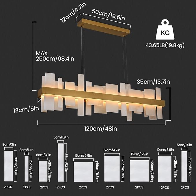 Alabaster Rectangle Chandelier, 48" Natural Spanish Marble Stone Texture Dimmable Alabaster Chandelier for Kitchen Island, Modern Luxury Lighting High Ceiling Light for Dining Room over Table
