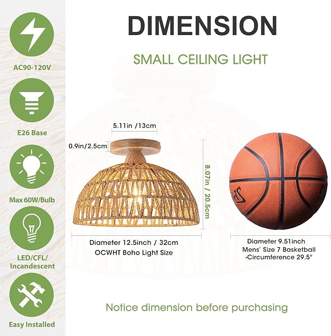 2 Packs Boho Light Rattan Chandelier Ceiling Lighting Fixtures Boho Lamp Shade Flush Mount Ceiling Light Hand-Woven Small Chandelier for Hallway Bedroom Kitchen Nursery Lights