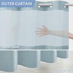 Extra Long Waterproof Bath Curtain 71x96 Fabric,Cloth Shower Liner with 12 Snap Buttons, Magnetic Hem with Fog Blue Waffle Weave Texture,No Hook Hotel Grade Machine Washable Curtain,Top Sheer Window.