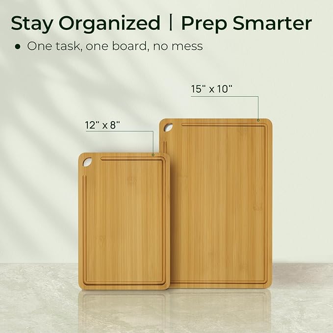 Chopping Board 2-Pcs Natural Bamboo Cutting Board With Juice Channels & Knife-Friendly Finish For Versatile Kitchen Use, Ideal Charcuterie & Chopping Multi-Use
