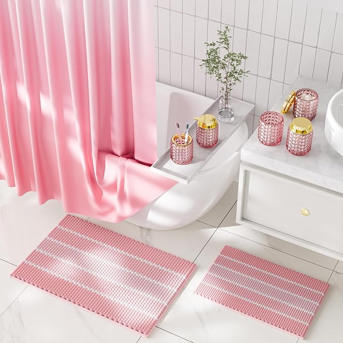 Bathroom Sets with Shower Curtain and Rugs and Accessories, Glass Bathroom Accessories Set Pink Bathroom Set Bathroom Sets, Pink Bath Mat and Diamond Soap Dispenser for Bathroom Decor