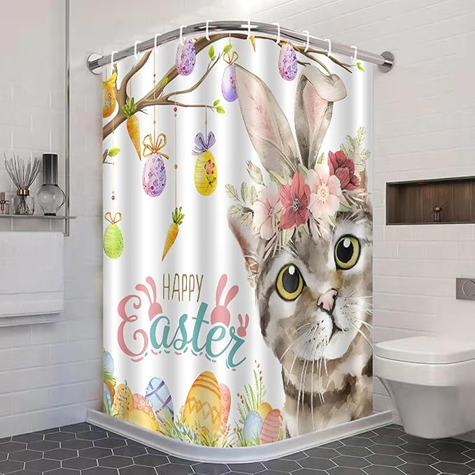 Happy Easter Bunny Cat Shower Curtain Spring Easter Eggs Shower Curtains for Bathroom Waterproof Polyester Fabric Bathroom Curtain 72 x 72 Inch with 12 Plastic Hooks