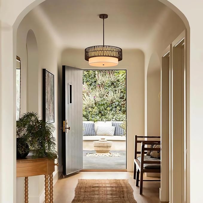 19" Rattan Chandelier with Linen Vintage Farmhouse Boho Hand Woven Bamboo Chandelier Light Fixture Modern Drum Wicker Rattan Black Chandeliers for Dining Room, Entryway, Bedroom, Foyer