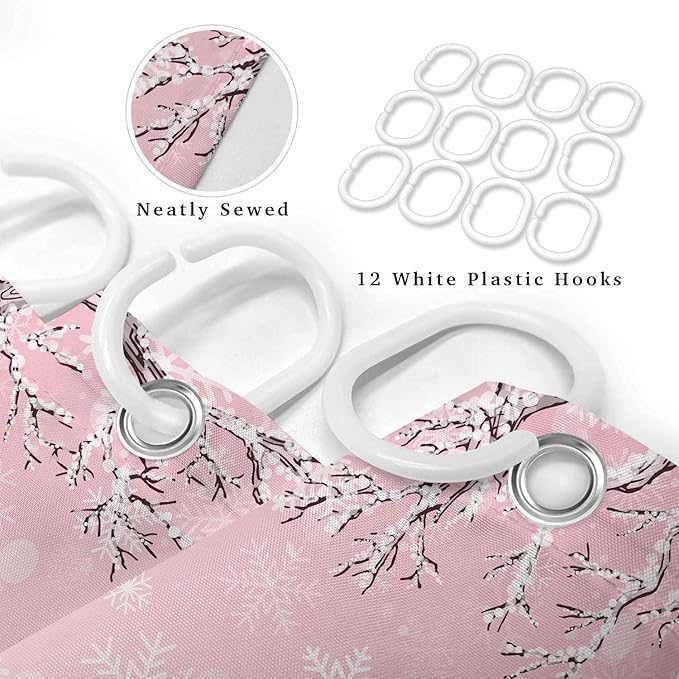 Pink Christmas Snowman Shower Curtain, Cute Winter Snowflake Snowman Pine Tree Decoration Xmas Shower Curtain for Bathroom, Farmhouse Christmas Holiday Fabric Bath Curtain Set with Hooks 72"X72"