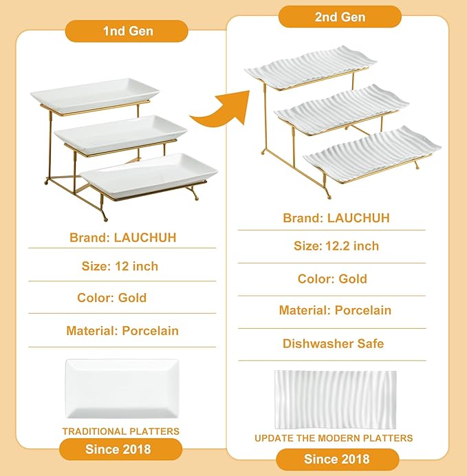 LAUCHUH 3 Tier Trays Stand, Porcelain Serving Trays Collapsible Sturdier Stand Serving Platters Dessert Table Display Set for Party, Entertaining, Thanksgiving, Christmas, Gold, 12.2 Inch