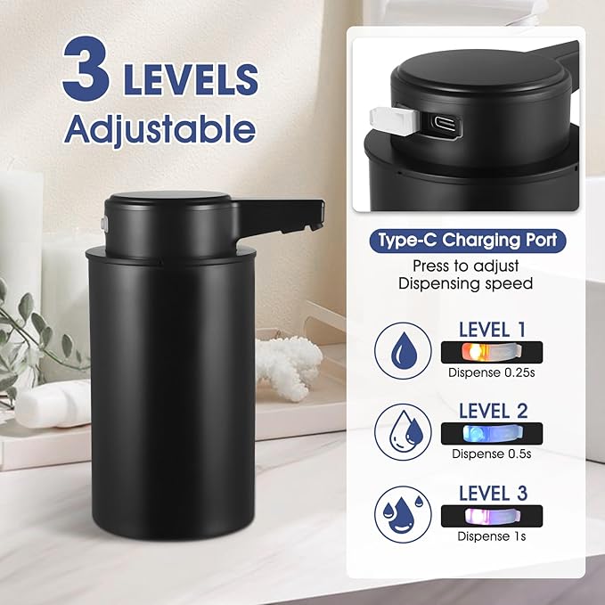 2 Pack Automatic Liquid Soap Dispenser, 13.5oz Touchless Electric Hand Soap Dispenser, Rechargeable Liquid Pump for Bathroom or Kitchen Sink, Waterproof Design (Black)