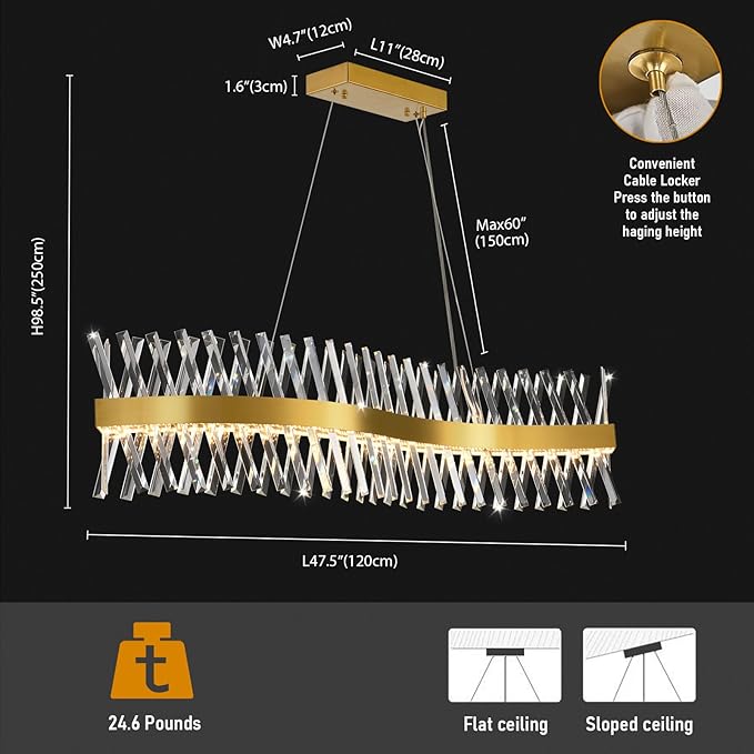 Modern Crystal Chandeliers, L47" Large Chandeliers for Dining Room Over Table, S-shape Luxurious Gold Rectangular Dining Room Chandelier Linear Kitchen Island Lighting, Dimmable Ceiling Light Fixture