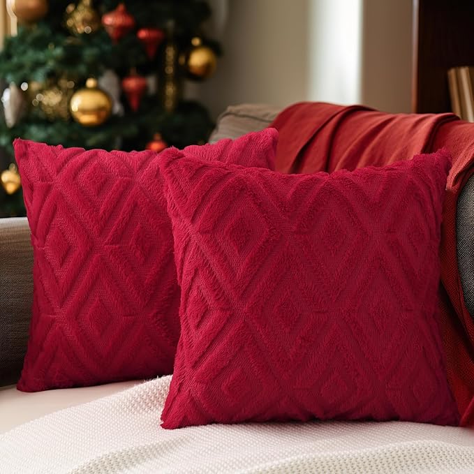 Pallene Christmas Red Throw Pillow Covers 22x22 Set of 2, Soft Plush Faux Fur Decorative Couch Pillow Covers for Sofa Bed Living Room Pillow Cases with 3D Diamond Pattern