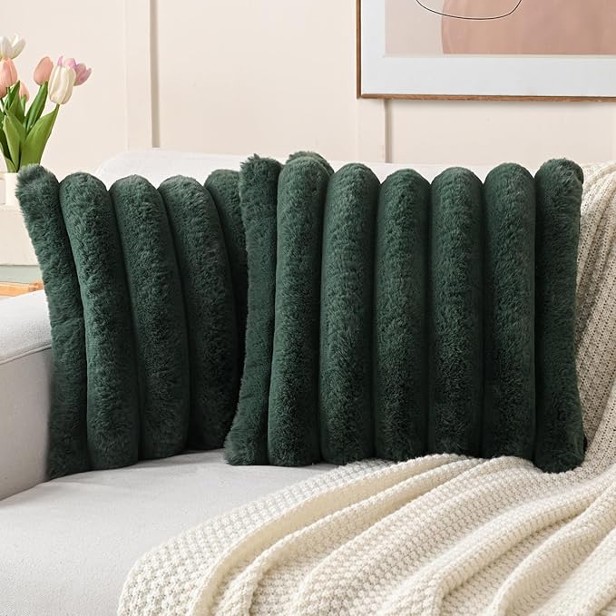 FUTEI Dark Green Decorative Throw Pillow Covers 16x16 Inch Set of 2, Square Soft Faux Rabbit Fur Big Striped Cushion Cover,Home Decor for Couch Sofa Bed Living Room