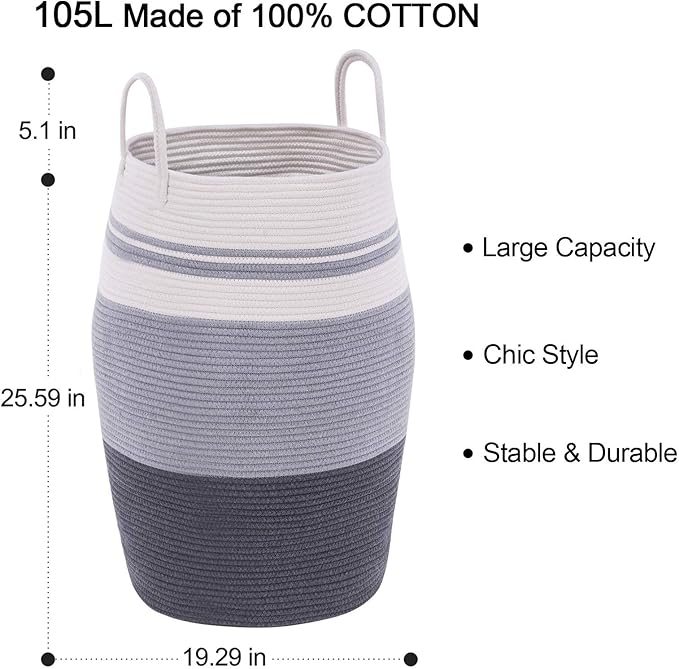 YOUDENOVA 105L Extra Large Woven Laundry Hamper Basket with Heavy Duty Cotton Rope Handles for Clothes and Toys in Bedroom, Nursery Room, Bathroom, Collapsible, Dark Grey
